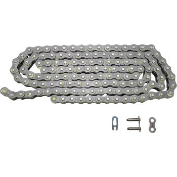The 428 MX Chain 130 Link by Prox, crafted from Japanese steel, is laid out flat with its master link and connector pieces displayed below it on a white background.