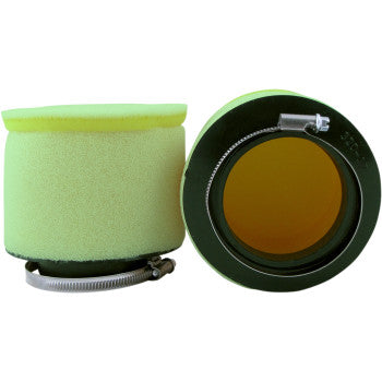 Two Arctic Cat Pre Oiled Air Filters by No Toil, featuring greenish-yellow foam, black bases, and attached metal hose clamps, are shown from side and top views on a white background to highlight improved airflow.