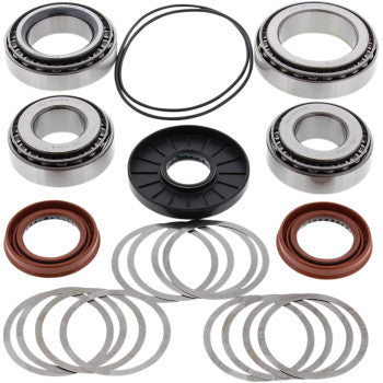 The Polaris Differential Bearing Seal Kit Rear by Moose Offroad includes EMQ quality bearings, rubber seals, circular washers, gaskets, and a black plastic ring displayed on a white background.