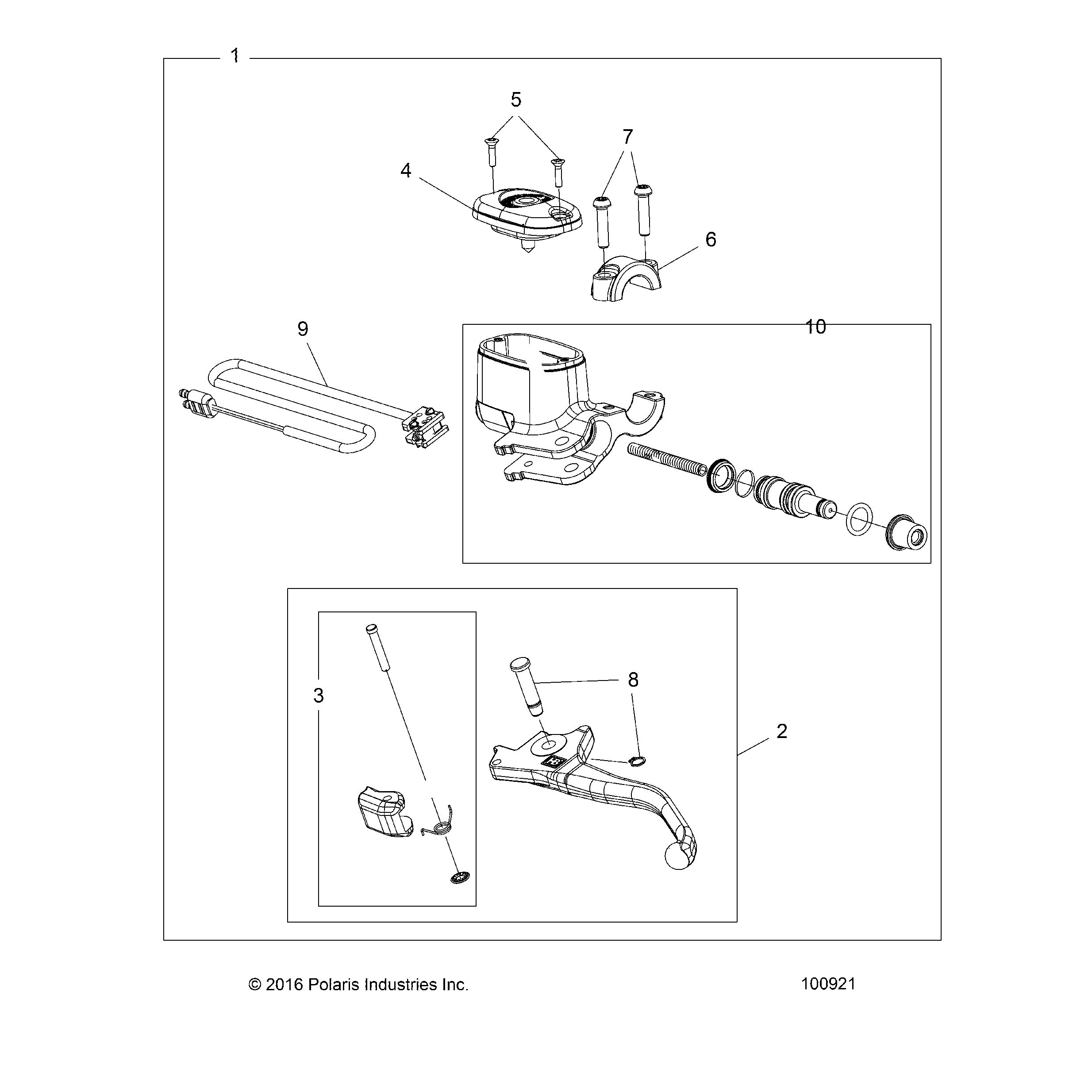 An Image of a Genuine Polaris Parts Schematic Diagram showing the schematic - BRAKES: FRONT BRAKE LEVER and MASTER CYLINDER - 2024 POLARIS SPORTSMAN 850 HIGH LIFTER
