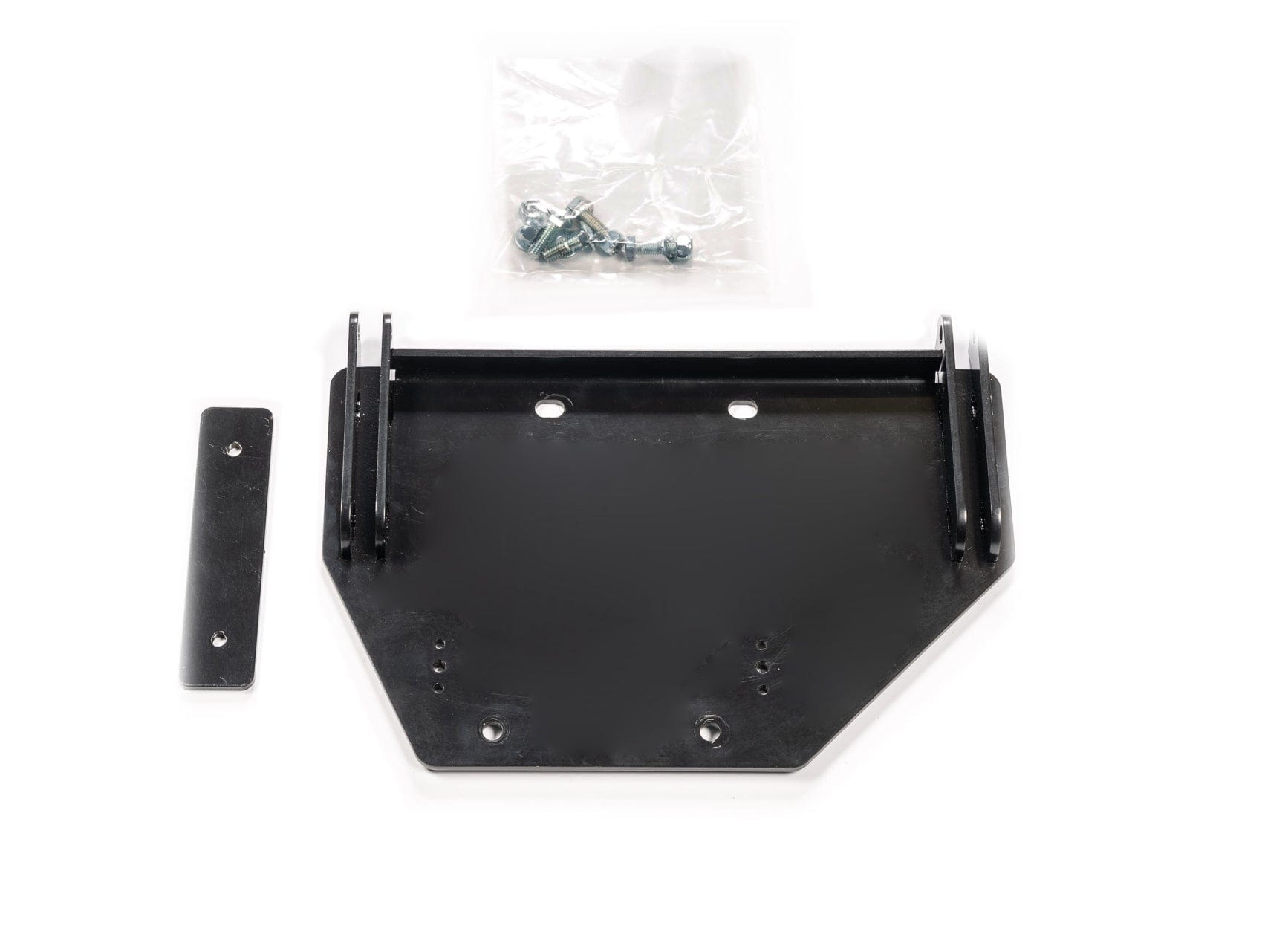 The Polaris Sportsman 570 Snow Plow Mid-Mounting Kit Center Snow Plow Mount by Warn features a black metal bracket with a rectangular side piece, ideal for ATV plowing. Includes screws and hardware in a plastic bag, all shown on a white background.