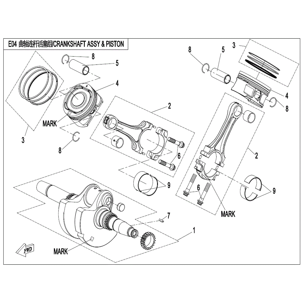 An Image of a Genuine CFMOTO Parts Schematic Diagram showing the schematic - CRANKSHAFT/CONNECTING ROD/PISTON ASSY. - 2022 CFMOTO ZFORCE 950 Sport
