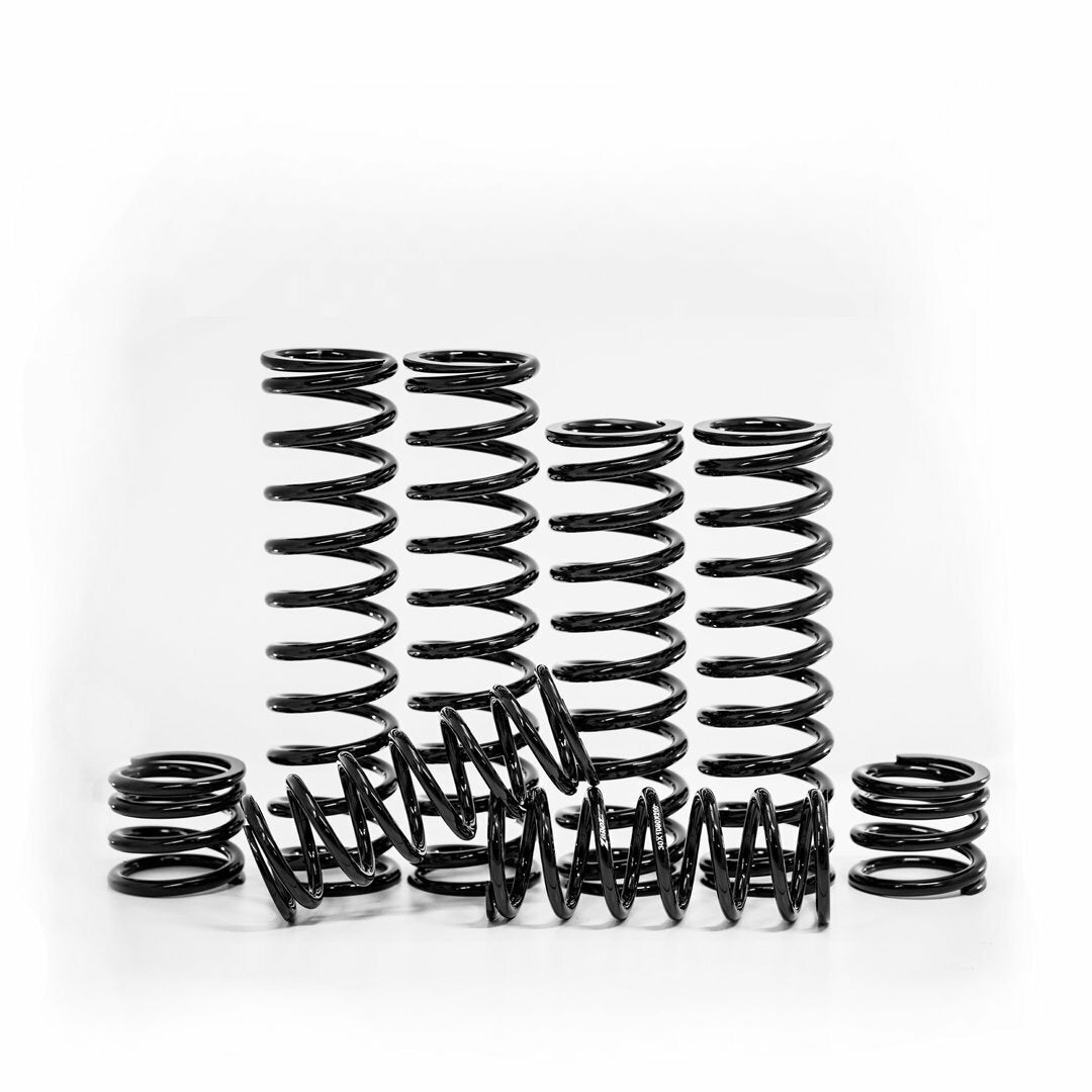 The Honda Dual Rate Spring Kit by ZBroz features eight black metal coil springs of varying heights, designed to boost bottoming resistance and deliver a smoother ride, shown upright and lying down on a white background.