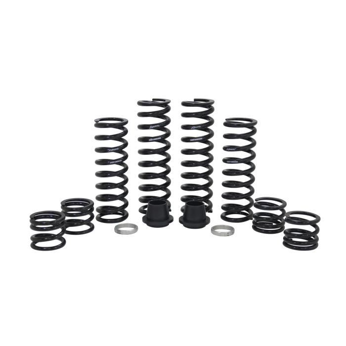 The Polaris Xpedition Full Spring Kit (1 Seat) by ZBroz features black metal coil springs in multiple sizes, two black cylindrical parts, and two silver rings, all arranged neatly on a plain white background.