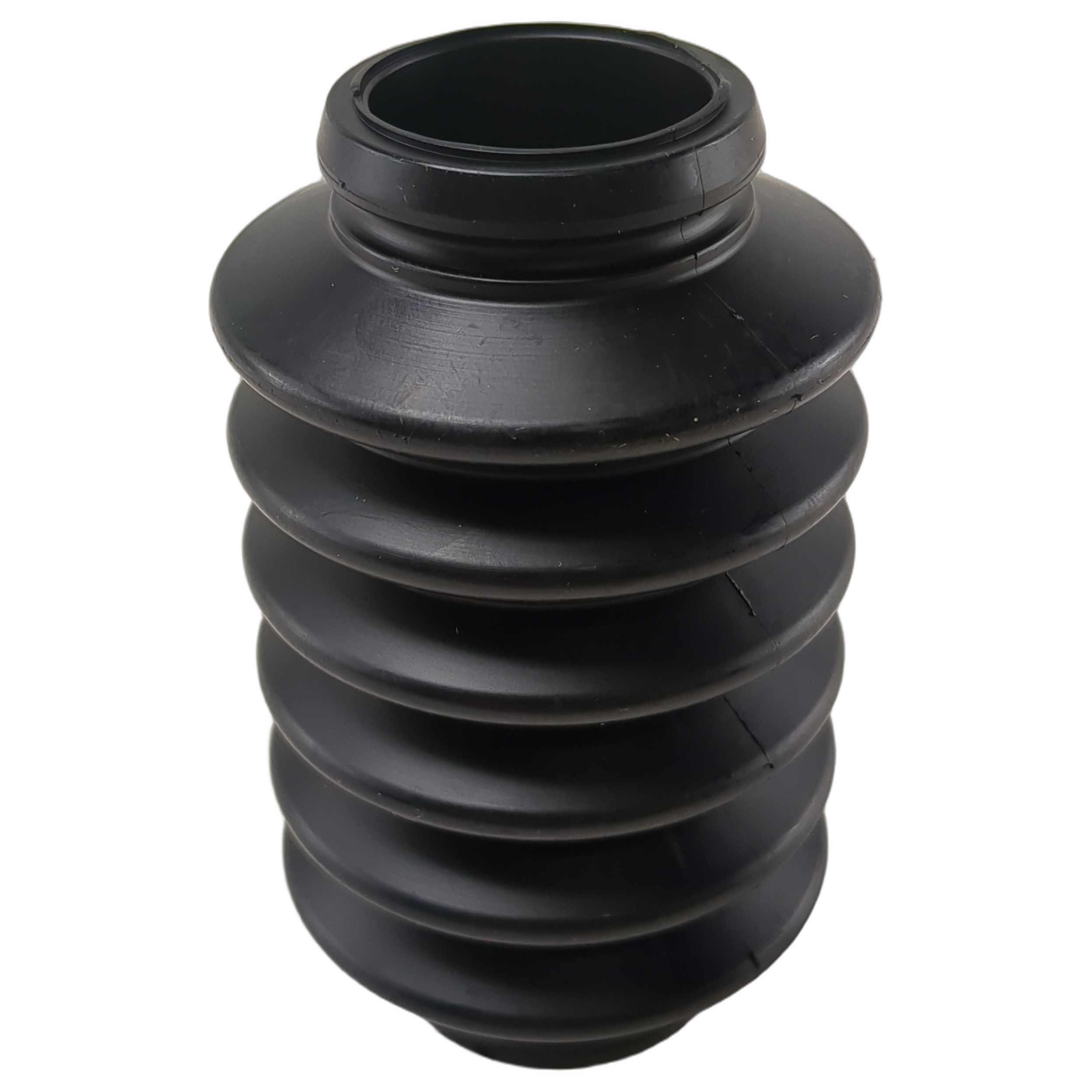 Black rubber CV boot with accordion-style flexible ridges for drive shaft protection.