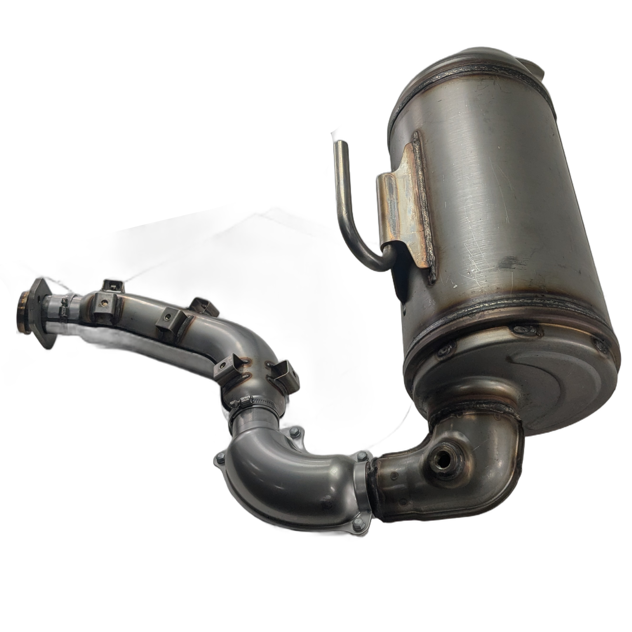 The Muffler-Comp by Kawasaki is a metal automotive exhaust system part, featuring curved pipes and a cylindrical muffler. Photographed on a white background, it's perfect for those seeking genuine Kawasaki Off Road OEM or UTV parts.