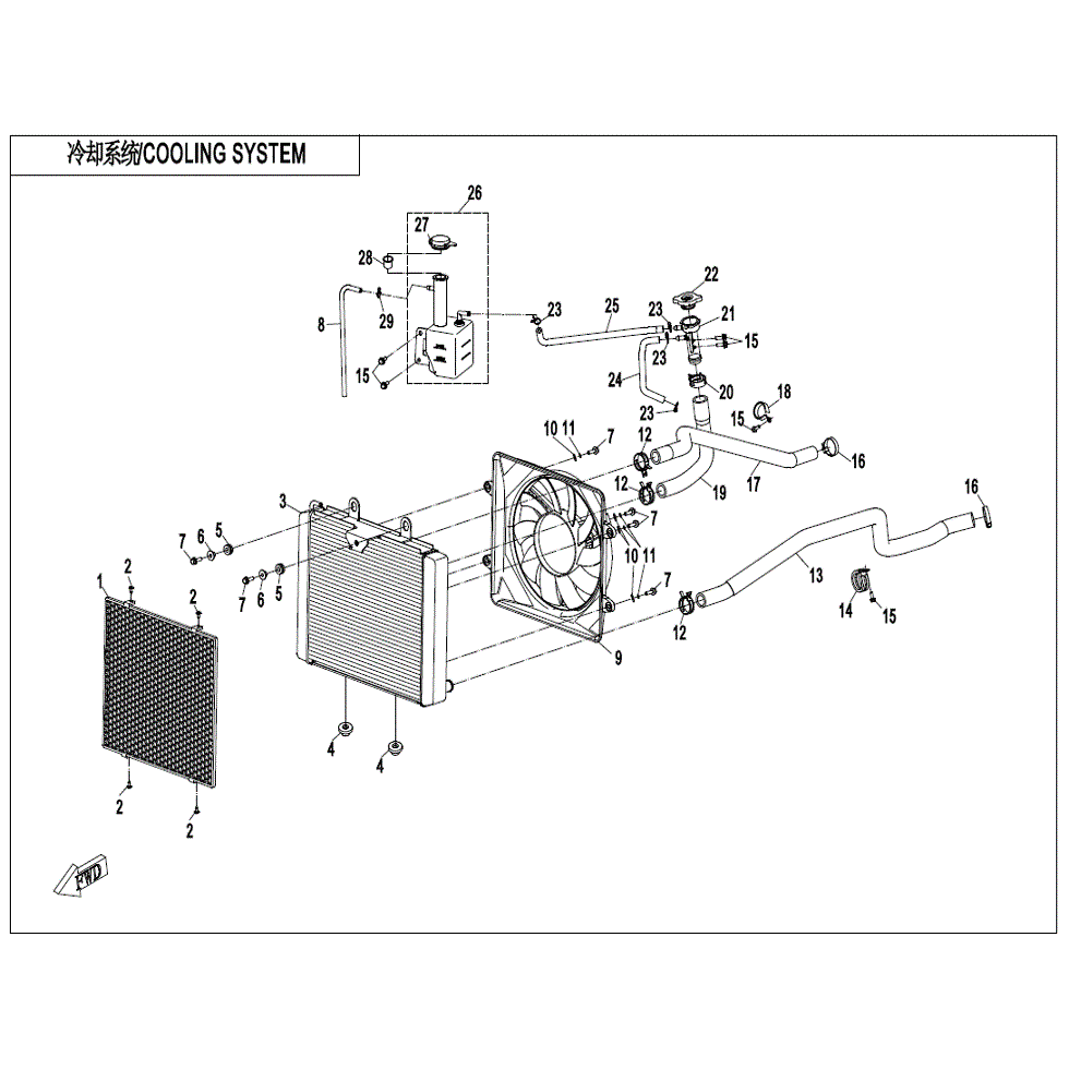 An Image of a genuine CFMOTO Parts Schematic Diagram showing the group - COOLING SYSTEM - 2021 CFMOTO CFORCE 1000 Overland