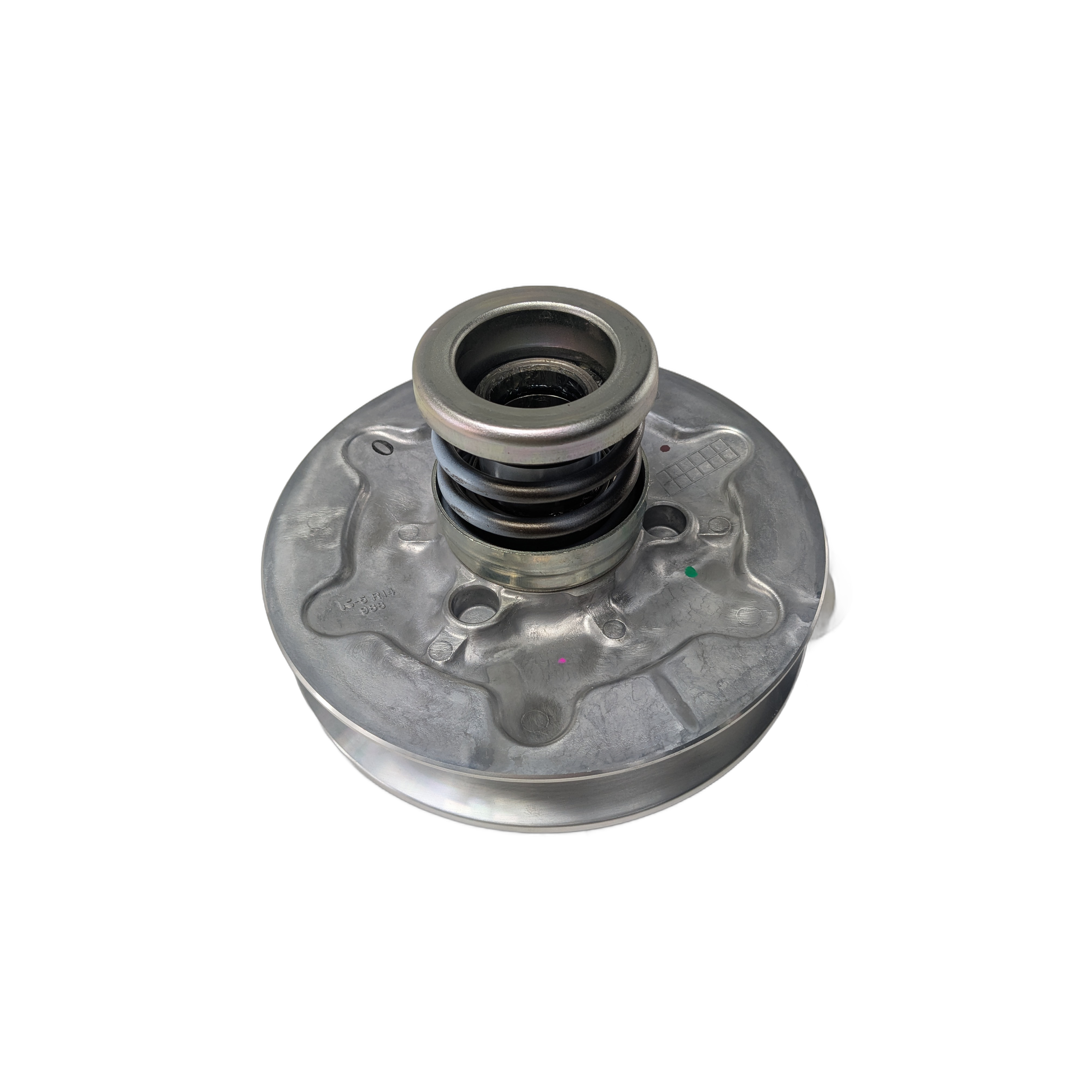 Metal converter assembly with circular base and central shaft, designed for Kawasaki vehicles.