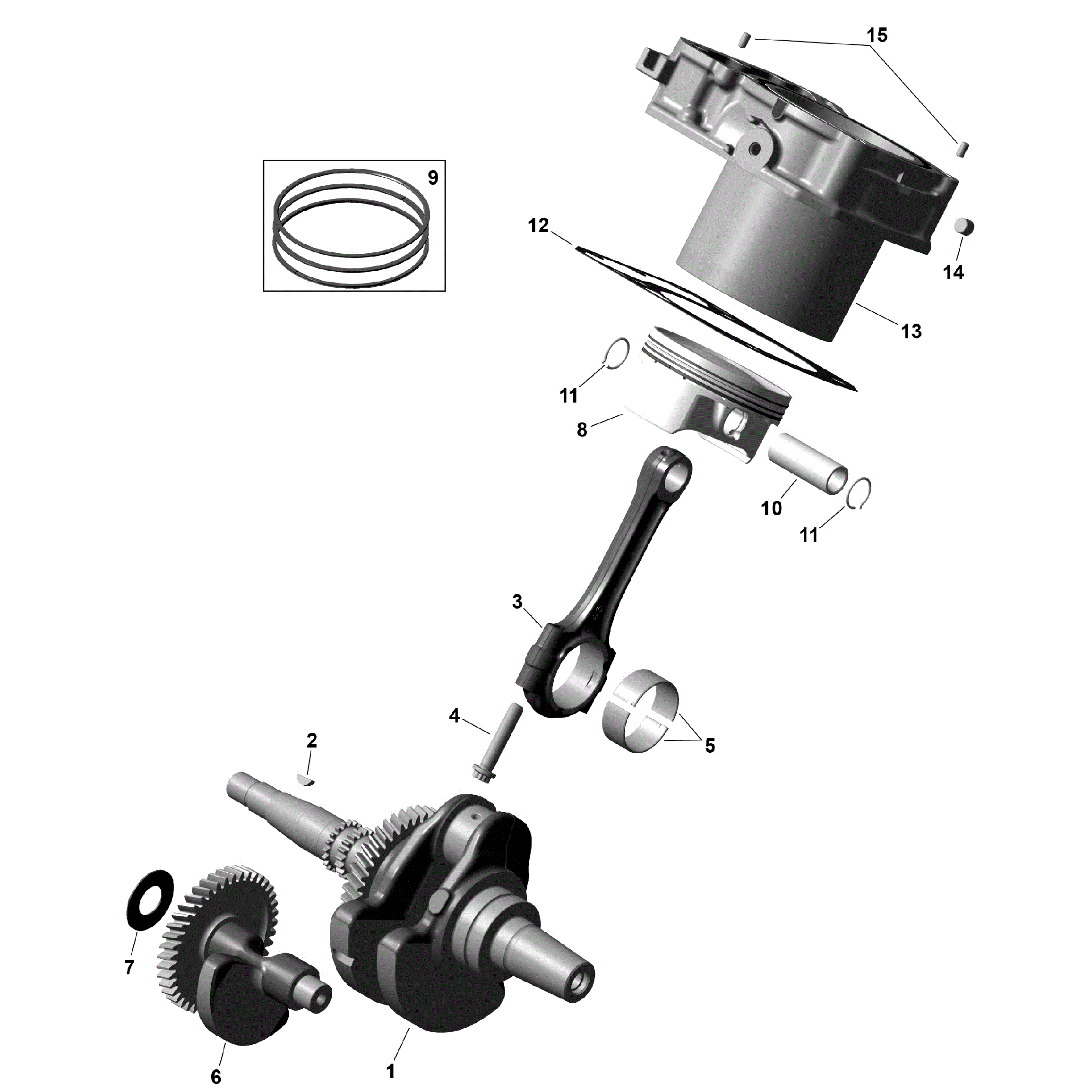 An Image of a Genuine Can-Am Parts Schematic Diagram showing the schematic - ROTAX - CRANKSHAFT PISTONS AND CYLINDER