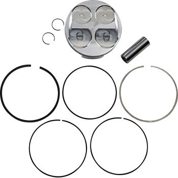 The Piston Kit by Je Pistons includes a piston, four black piston rings, one silver piston ring, two circlips, and a piston pin, all displayed on a white background.