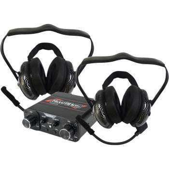 Two Navatlas Communication System Behind the Head Headsets in black, featuring high fidelity bass speakers, microphones, and padded ear cups, are shown with a compact black Navatlas audio control box with dials and switches.