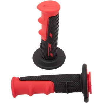 Two Grips Cross 797 Red Black by Pro Grip for 7/8 bars—one grip upright to show finger flanges and grooves, the other flat to highlight its matching black and red textured design.