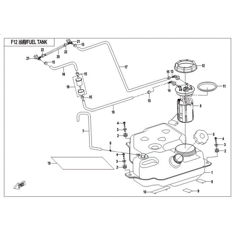 An Image of a Genuine CFMOTO Parts Schematic Diagram showing the schematic - FUEL TANK - 2018 CFMOTO ZFORCE 1000