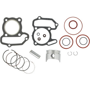 The Yamaha Piston Kit with Gasket 50.00 mm by Wiseco, featuring a piston kit, rings, top-end gasket kit, O-rings, and small circular clips, is arranged neatly on a white background.