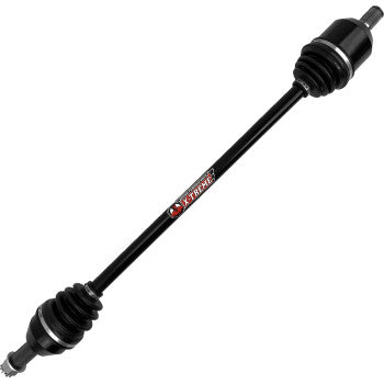 A black Honda Talon Axle X-Treme Heavy Duty Long Travel Rear Left & Right by Demon, with rubber boots and metal ends, made from durable 4340 chromoly steel, is isolated on a white background.