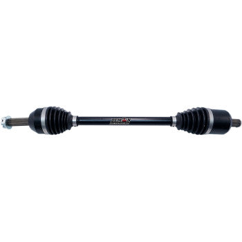 The Polaris Ranger Axle Complete Heavy Duty Front Left & Right by Demon is a black automotive drive shaft with rubber boots and metal connectors for CV joint upgrades, pictured on a white background.