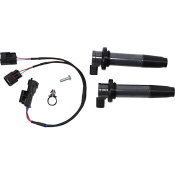 Two Polaris RZR XP Turbo Stick Ignition Coils by Dynojet, an electrical wiring harness with connectors, a screw, and a metal clip are arranged on a white background to enhance horsepower and throttle response.