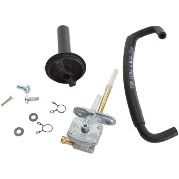 The Yamaha Petcock Fuel Kit by All Balls includes an OE replacement fuel valve, fuel line, black plastic handle, screws, washers, clips, and a black plastic cap—displayed on a white background.