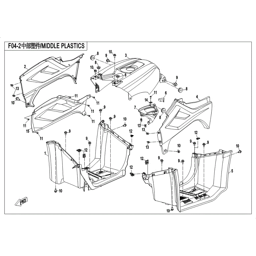 An Image of a genuine CFMOTO Parts Schematic Diagram showing the group - MIDDLE PLASTICS - 2019 CFMOTO CFORCE 500 S