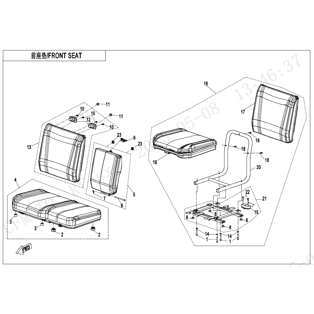An Image of a Genuine CFMOTO Parts Schematic Diagram showing the schematic - FRONT SEAT(NON HEATING EQUIPMENT) - 2024 CFMOTO UFORCE 1000 XL