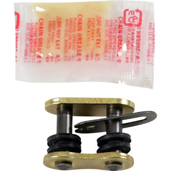 The 520 EXW Clip Connecting Link Gold by Rk, featuring O-rings and a packet of chain grease, is displayed above.