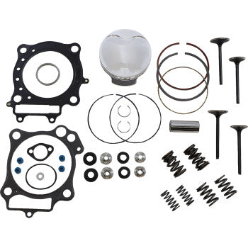 A set of engine parts on a white background, featuring a Cometic top end gasket kit, Piston System by Kibblewhite, Black Diamond engine valves, valve springs, seals, and other small components.