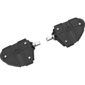 Two black, rectangular RydeCulture™ Footrests by Ciro with ridged surfaces and silver clips, shown facing each other on a white background—ideal upgrades for your motorcycle with a 1/2 Clevis Mount.