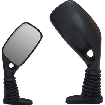 The Side View Mirror Rectangular Black Pair by Parts Unlimited is shown from different angles on a white background, featuring universal fit, shock-resistant construction, and flexible ribbed bases.