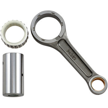 Polished metal Honda connecting rod with bearing and cylindrical spacer components.