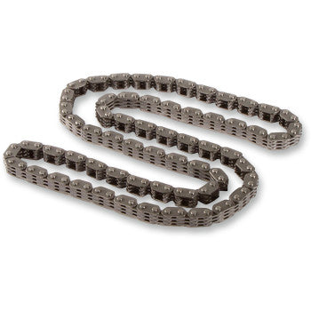 Metallic gray motorcycle cam chain with 118 interlinked rectangular links.