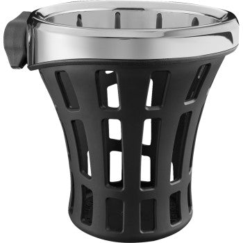 The Drink Holder Gen 2 Big Ass® Chrome by Ciro features a black and silver adjustable design with side slots, a tightening knob, GEN 2 ball mount system for stability, and fits 7/8 to 1 handlebars.