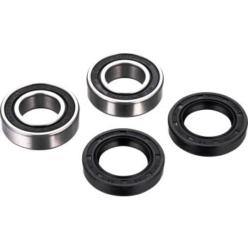 The Wheel Bearing Kit Front Front Left & Right by Factory Links includes two metal ball bearings and two black rubber seals, arranged on a white background—perfect for improved rust and corrosion resistance with quality marine grease.