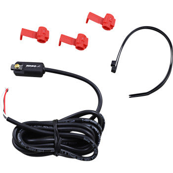 A Tachometer Signal Filter by Koso North America, featuring a black wire with an inline fuse holder, a loose black wire, and three red snap-on connectors, is displayed on a white background to help stabilize RPM readings.