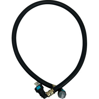 The Polaris Ranger Replacement Fuel Line by Moose Offroad is a black flexible hose with metal fittings and blue plastic connectors on both ends, arranged in a circle against a white background; designed for reliable OEM performance.