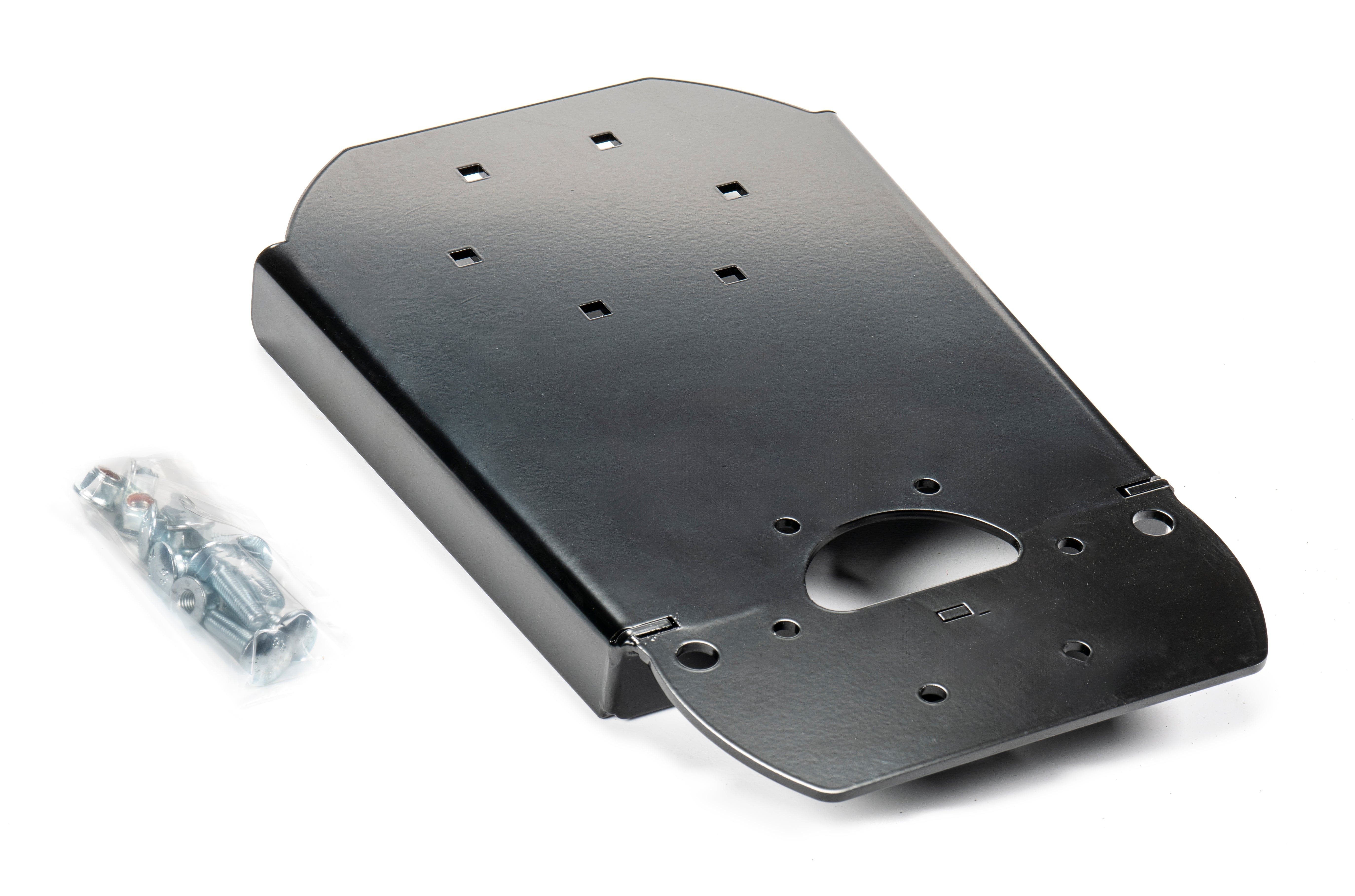 The Provantage II ATV/UTV Snow Plow Track Extension by Warn, made of black metal with multiple screw holes, is shown alongside a small plastic bag of screws and hardware on a white background.