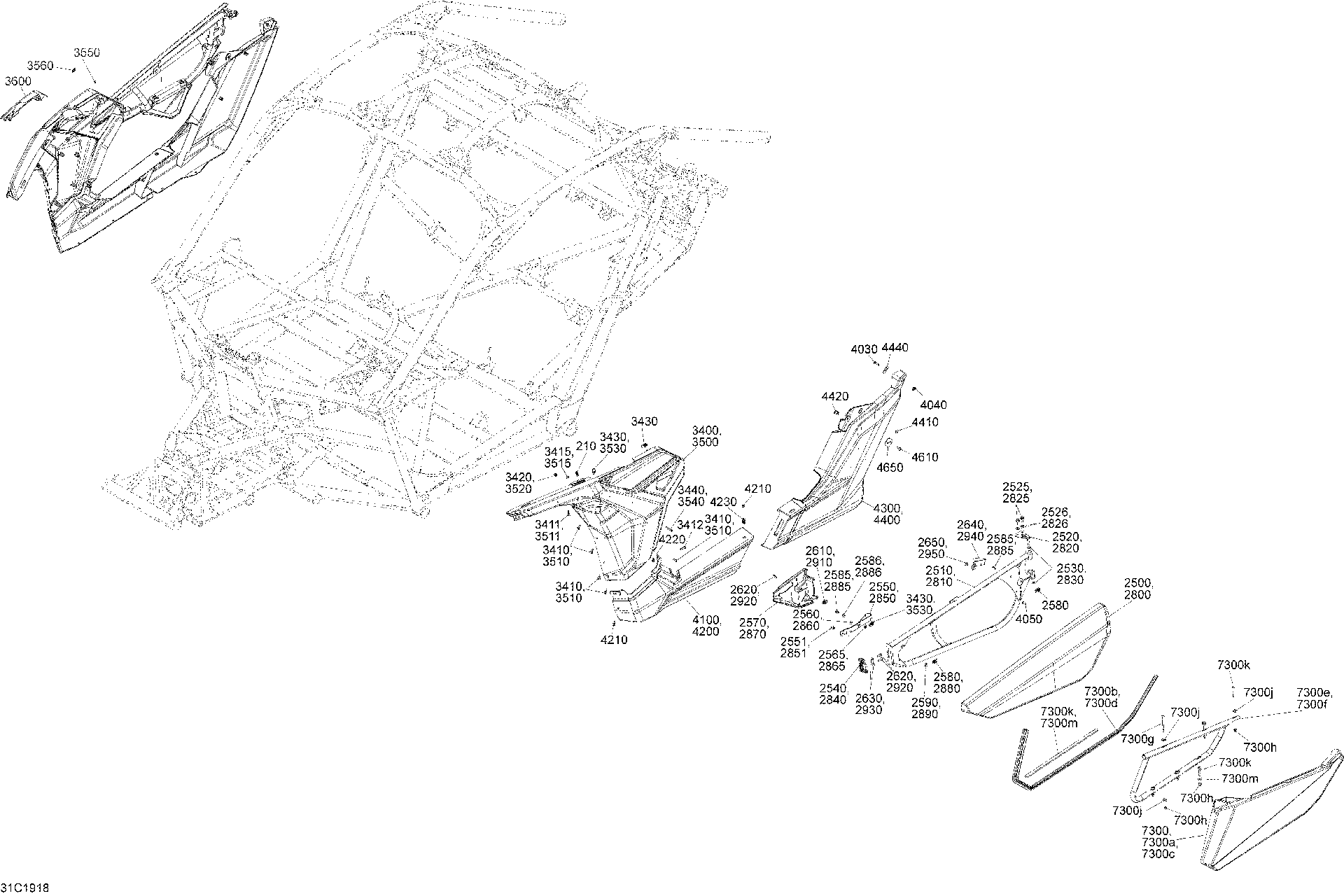 An Image of a Genuine Can-Am Parts Schematic Diagram showing the schematic - BODY - SIDE SECTION - SUNBURST YELLOW