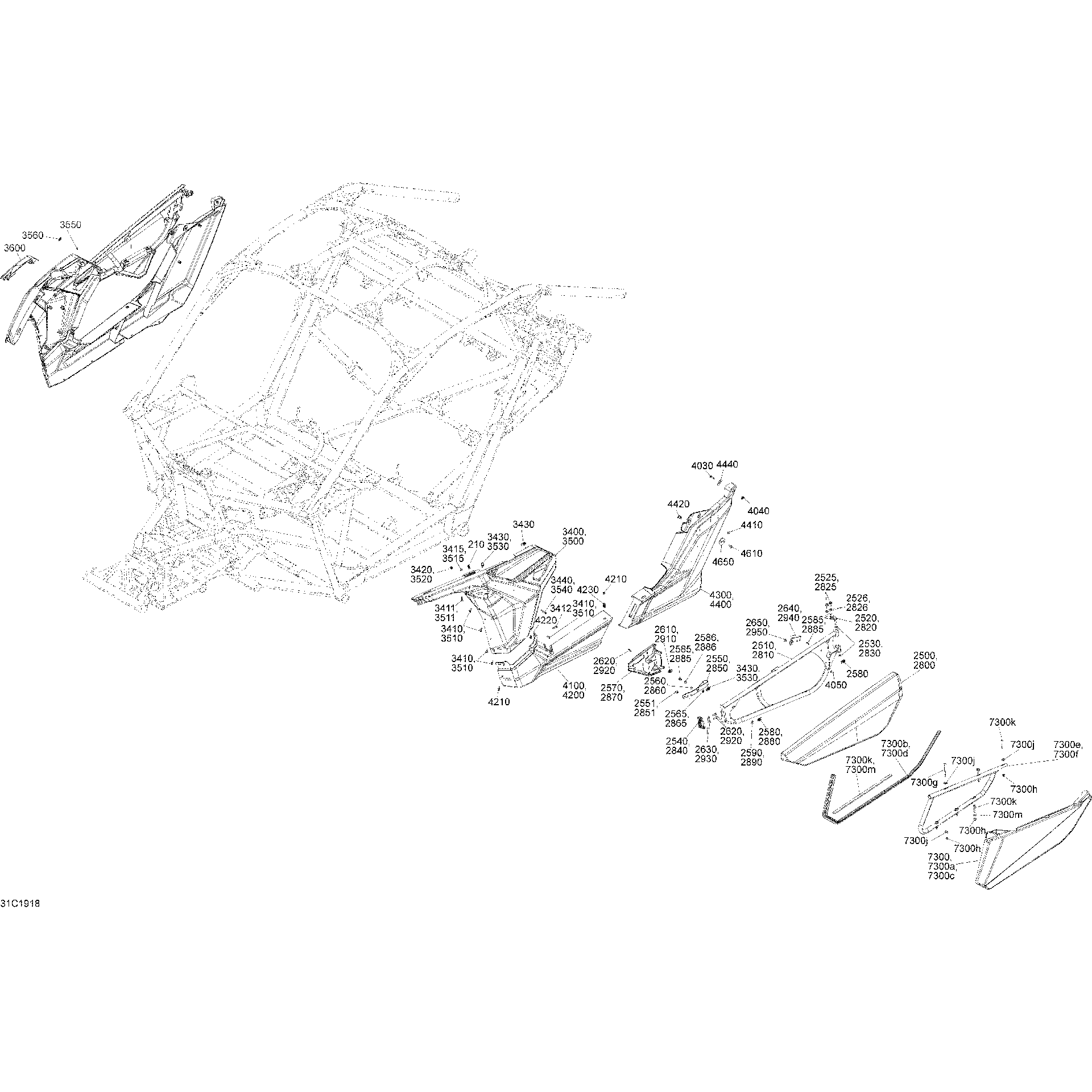 An Image of a Genuine Can-Am Parts Schematic Diagram showing the schematic - BODY - SIDE SECTION - SUNBURST YELLOW