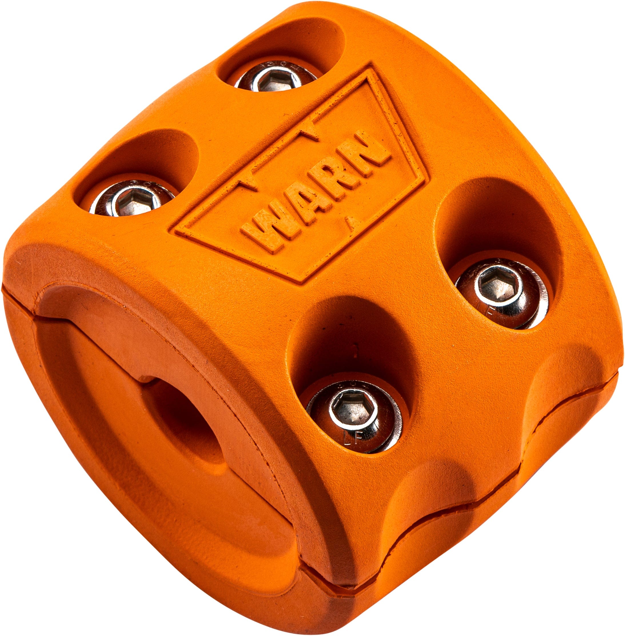 An orange, cube-shaped Winch Hook Bump Stop by WARN with four metal bolts, rounded edges, and WARN embossed on the surface.