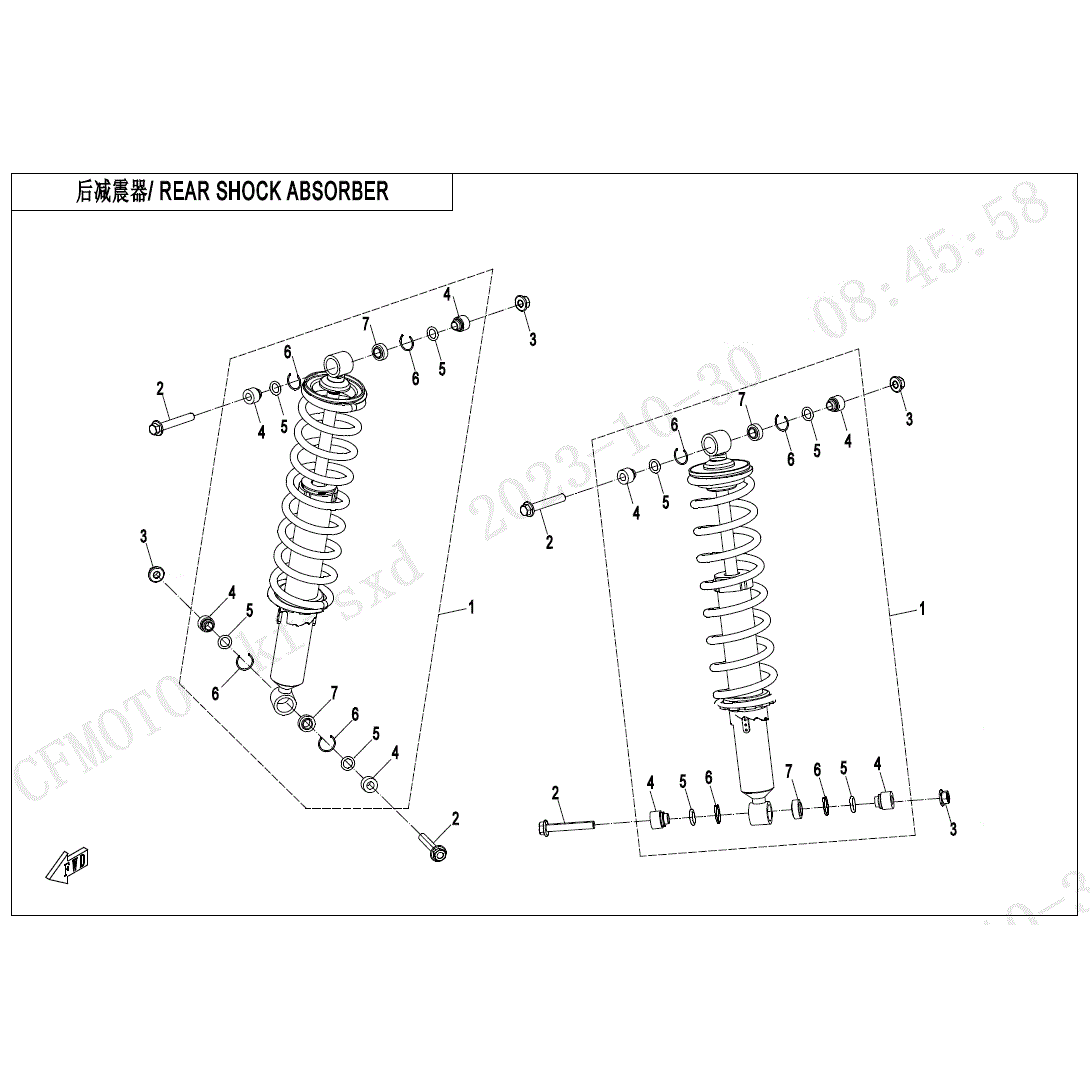 An Image of a genuine CFMOTO Parts Schematic Diagram showing the group - REAR SHOCK ABSORBER (OIL) - 2024 CFMOTO CFORCE 800 TOURING