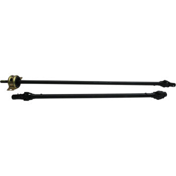 Two black metal propeller shafts with universal joints on each end and a flange on one shaft end.