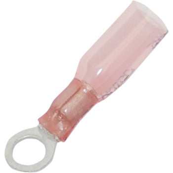 A close-up of an affordable Namz Ring Terminal 22-18 Gauge #10, a pink insulated PVC electrical connector for secure wiring to screw or stud connections.