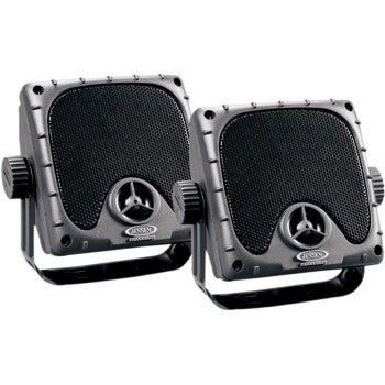 A pair of black, rectangular Mini Weatherproof Speakers Universal by Jensen with mesh fronts and mounting brackets, shown side by side on a white background. These compact speakers are ideal for both indoor and outdoor use.