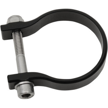 The Rollbar Clamp 1.5" by Klock Werks is a black metal clamp with a circular band and threaded bolt, secured by nuts. It's ideal for fastening cage tubing or other cylindrical objects.
