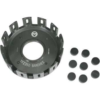 A black Clutch Basket with Cushion by Moose Offroad, featuring the manufacturer's logo, is displayed next to eight round black components arranged in two rows for optimized clutch performance.