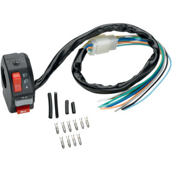 The Universal Offroad Switch by Moose Offroad is shown with its attached wiring harness, 9-pin connector, exposed colored wires, heat shrink tubes, small connectors, and wire terminals on a white background.