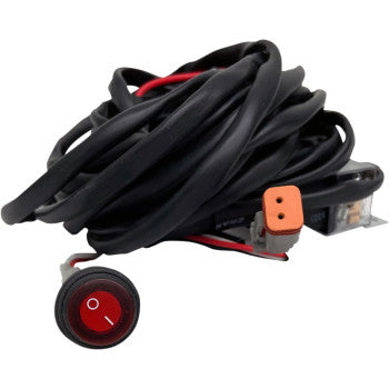 The Wiring Harness 1 Light 2 Pin by Rivco Products features coiled black 16 AWG leads, a red on/off rocker switch, and an orange connector plug—ideal for automotive or electronic use with 2 pin connectors and 2 wire LED lights.