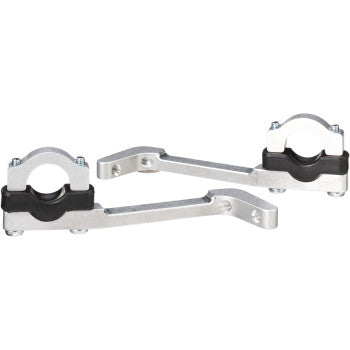The Qualifier Hand Guard Bracket Replacement Aluminum by Moose Offroad features two silver metal brackets with black rubber inserts, clamp mounts, and rotating bolt plates. The bent, angular design has extra end holes and is easy to install.