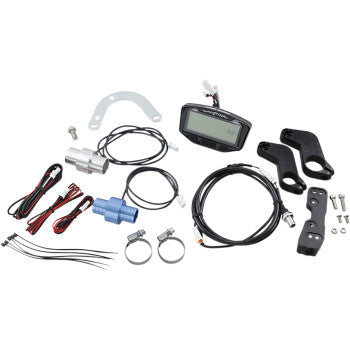The Vapor Speedometer Tachometer Computer by Trail Tech, along with waterproof cables, sensors, brackets, clamps, wiring, screws, and an LCD backlight display—all neatly arranged on a white background.