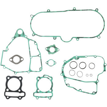 The Polaris Complete Gasket Kit by Athena features assorted green and black gasket seals, including head gaskets in various shapes and sizes, neatly arranged for engine rebuilds. Each gasket has precise holes and contours for Polaris machinery components.