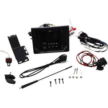 Black rectangular dash radio unit with digital display, buttons, wiring harness, mounting bracket, antenna, and installation